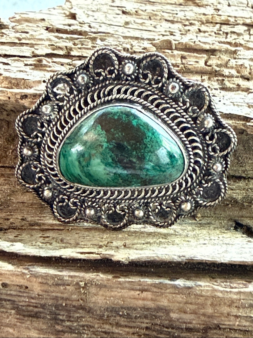 Vintage Sterling 950 Israel Green Malachite Brooch Pendant